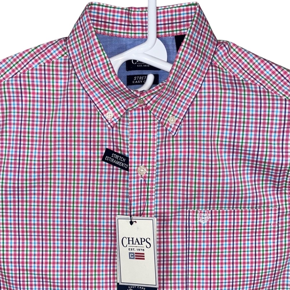 Chaps Mens Medium Short Sleeve Stretch Easy Care Plaid Button Down Shirt‎ Pink